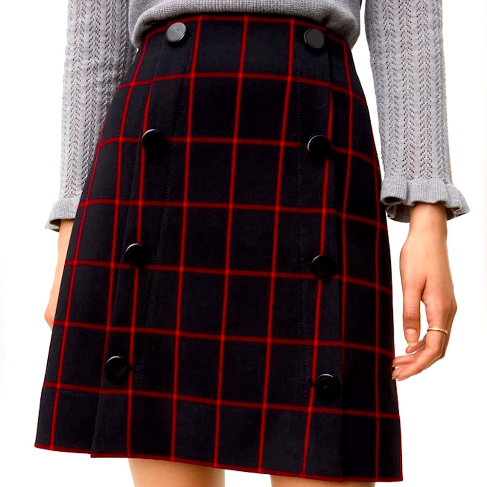Plaid Button Skirt Classic Windowpane Preppy Career Office Navy Black Red Size 8